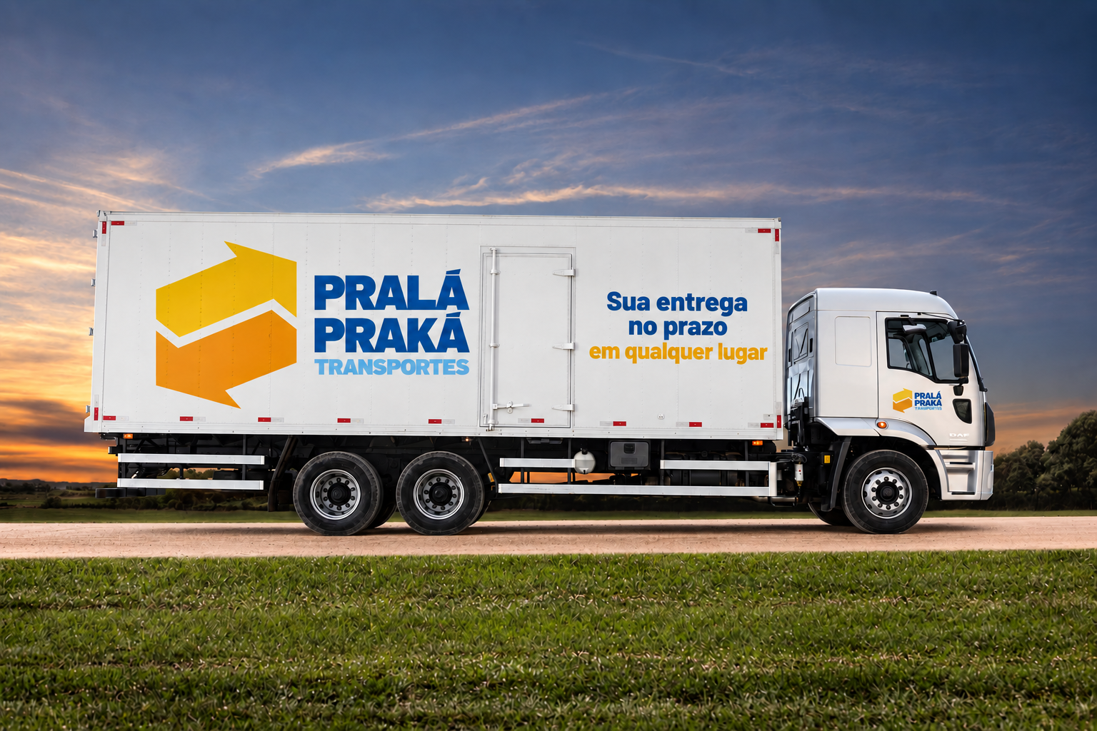 Montagem ilustrativa de caminhão baú branco visto de lado com a identidade Prala Praka