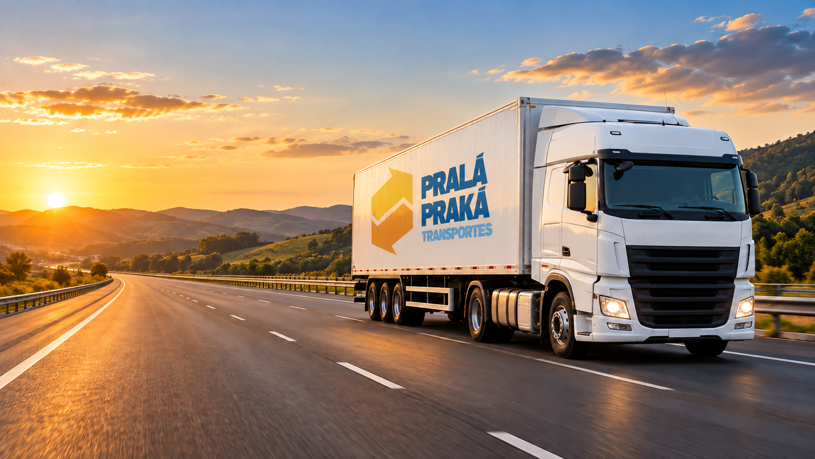Montagem ilustrativa de carreta baú branca com a logo Prala Praka na carroceria